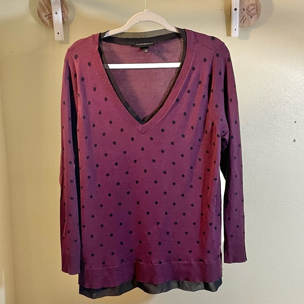 Lane Bryant Burgundy Black Polka Dots Sweater 2-in-1 Blouse Look Under Sz 18/20